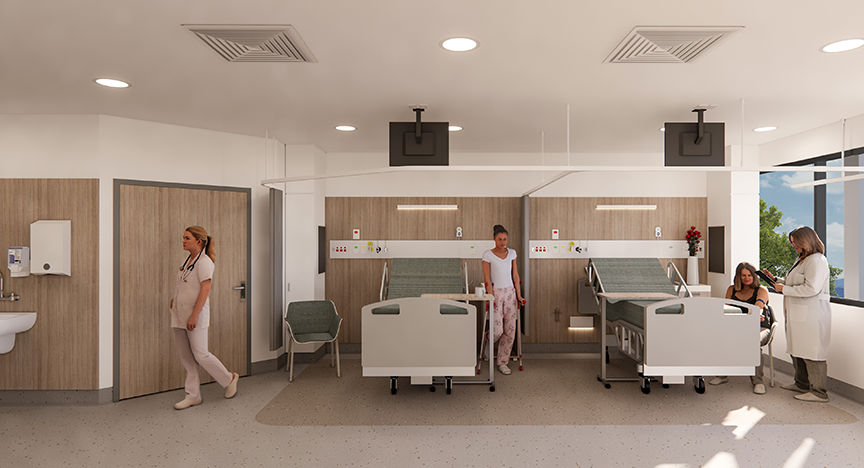 Artist impression of a hospital clinical space showing a ward with beds