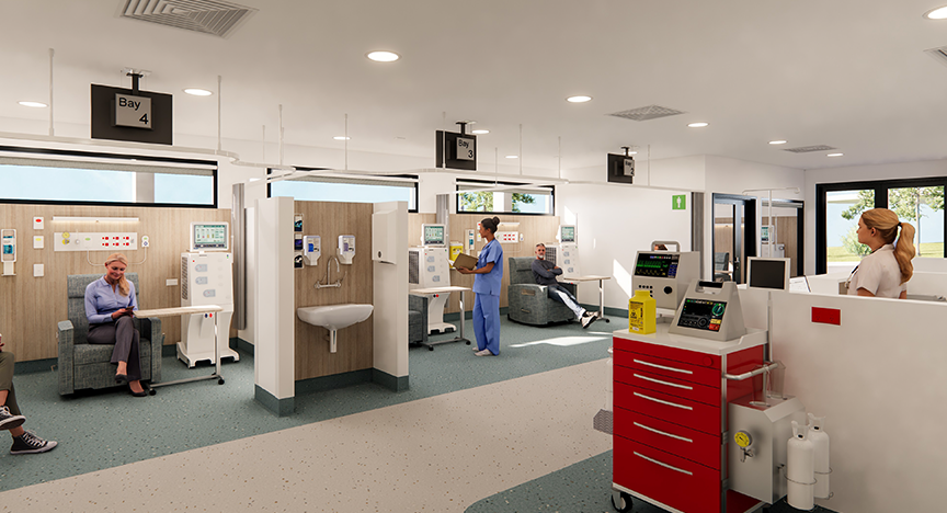 Artist impression of clinical hospital space - showing a renal dialysis service and chairs
