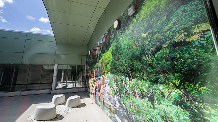 courtyard space featuring three concrete seats and a wall printed with a photo of rainforest and waterfall