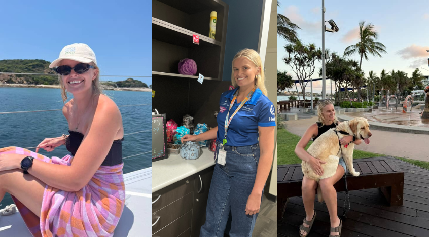 Collage of photos of Kate both at work, on a boat and with her dog at the beach in Yeppoon.