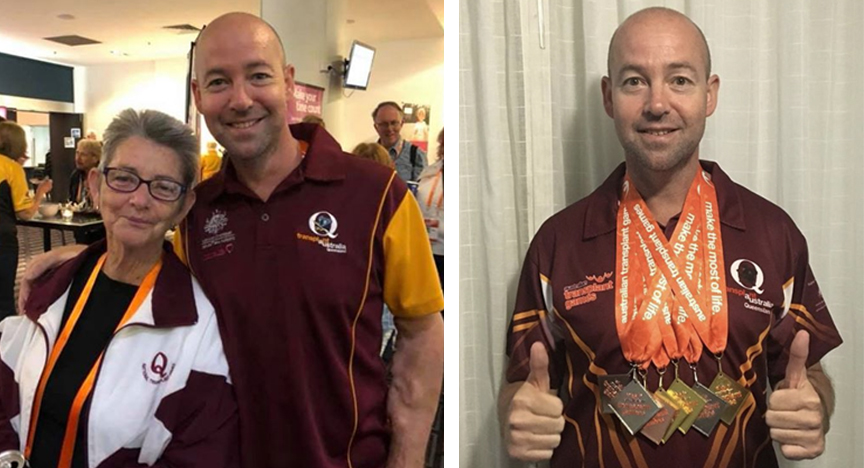 In the photo on the left, Luke and his mum are smiling at the camera. In the phot on the right, Luke is wearing 6 medals around his neck, giving a thumbs up and smiling at the camera.