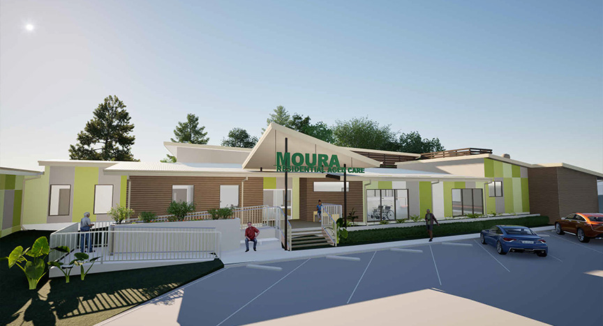 Computer-generated image of the new Moura Multipurpose Health Service Aged Care Facility. The render shows a modern single-storey facility with green panelling, ramp access and a car park out the front.