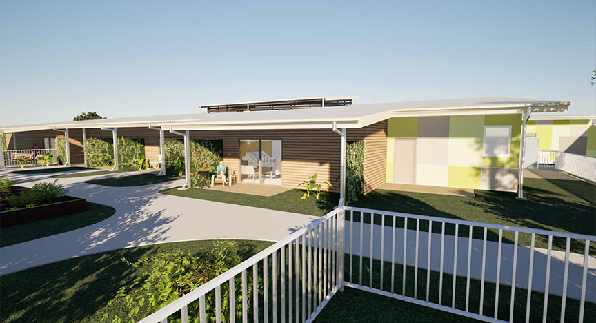 Computer-generated image of the landscaped backyard area at the new Moura Multipurpose Health Service Aged Care Facility. The render shows a fenced area with multiple covered patio areas extending from the building, surrounded by curved paths, grass and landscaped gardens.
